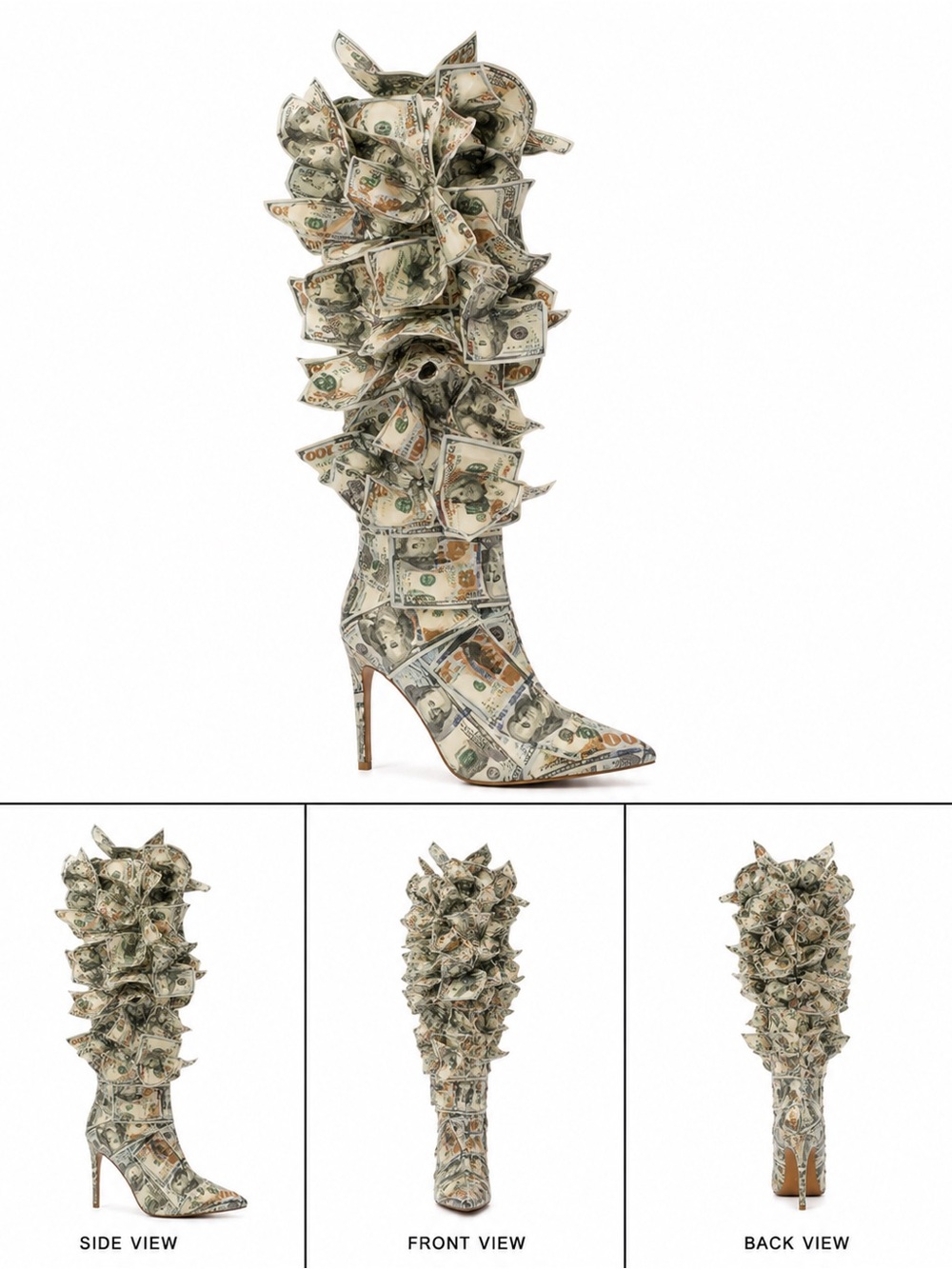Money-Print Over-the-Knee Ruffle Stiletto Boot in Beige - Picture 3 of 3